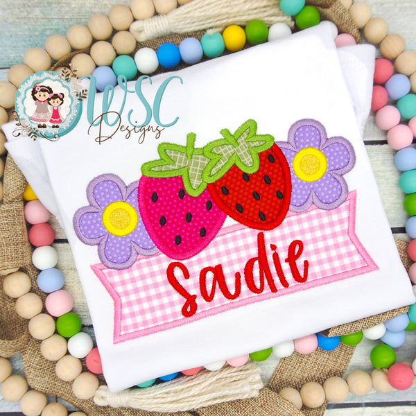 Flowers and Strawberries Shirt with Name - Girls Summer Embroidered Shirt