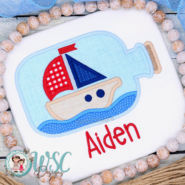 Boys Sailboat in a Bottle Embroidered Shirt