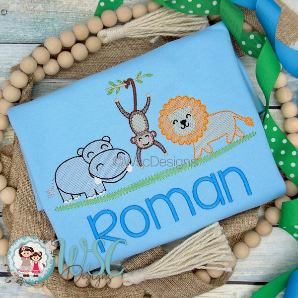 Zoo Monkey Lion Hippo Embroidered Shirt for boys