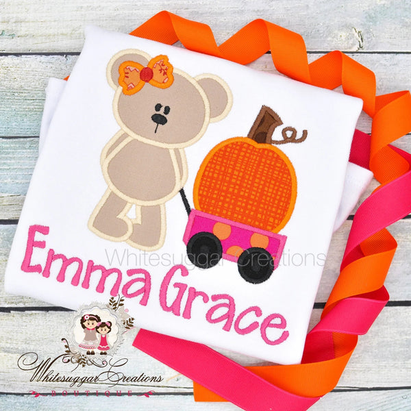 Baby Girl Halloween Bear Shirt with Pumpkin Wagon - WSC-Designs Boutique