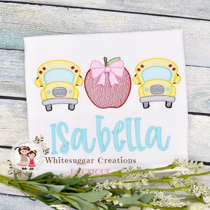 Back To School Embroidered Sketch Buses and Apples Shirt for Girls - WSC-Designs Boutique