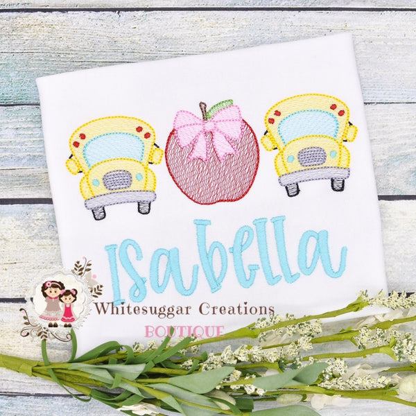 Back To School Embroidered Sketch Buses and Apples Shirt for Girls - WSC-Designs Boutique