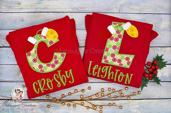 Girl Christmas Lights Initial Embroidered T-Shirt - WSC-Designs Boutique