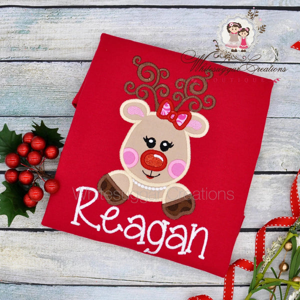 Girl Christmas Reindeer Applique T-Shirt - WSC-Designs Boutique