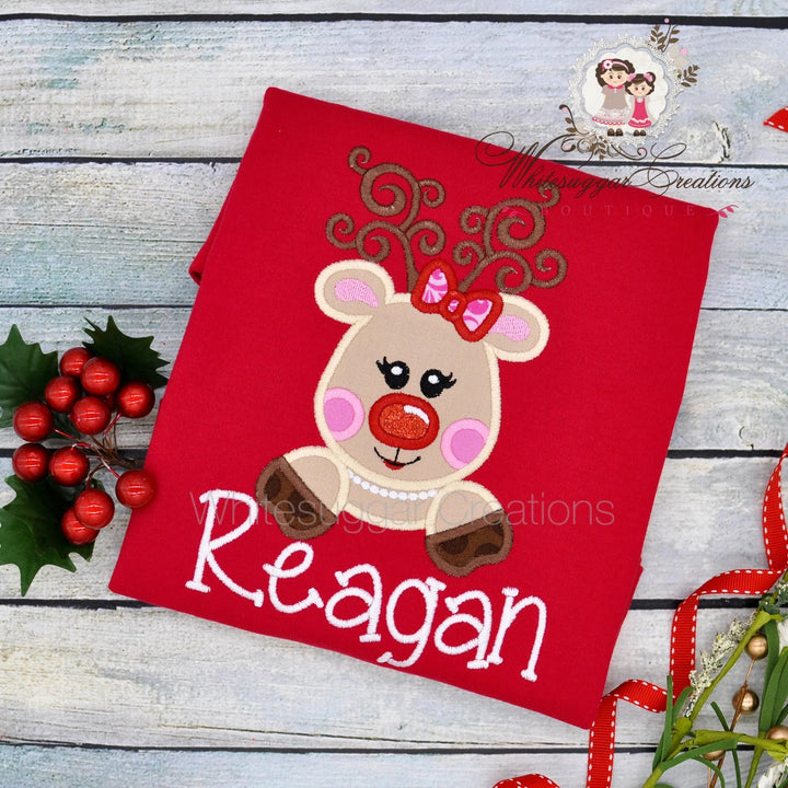 Girl Christmas Reindeer Applique T-Shirt - WSC-Designs Boutique
