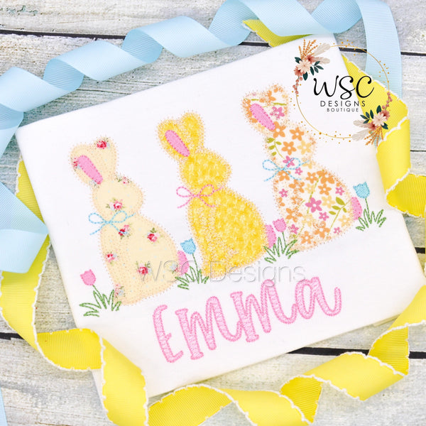 Girl Easter Bunnies Trio Embroidered T Shirt - WSC-Designs Boutique