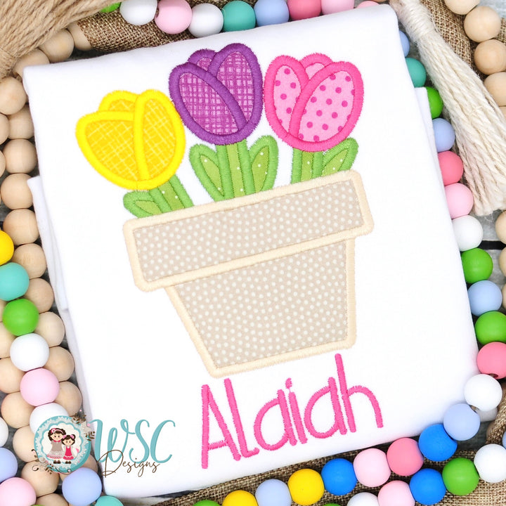 Girl Spring Shirt featuring Tulips in a flower pot, personalized embroidered name - WSC-Designs Boutique