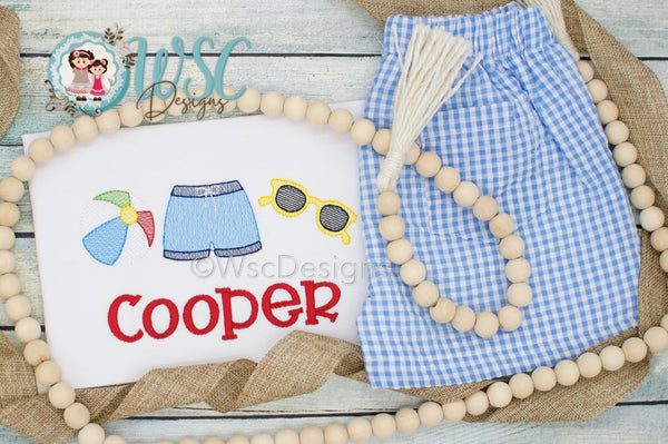 Personalized Beach Shirt for Boys with Beach Ball, Swimming shorts and Sunglasses - WSC-Designs Boutique